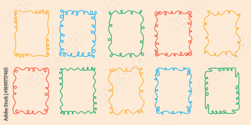 Rectangular doodle frame stamp, hand-drawn wavy curly engagement monograms. Edgings and cadres with simple sketchy scribble swirl design photo decoration old-fashioned greeting elements. Isolated. 
