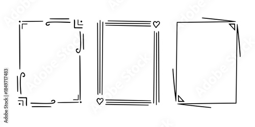 Rectangular doodle frame stamp set, hand-drawn original creative engagement monograms. Edgings cadres with graphic elements, design photo decoration greeting cadres. Isolated. Vector illustration