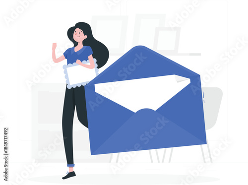 Woman holding large blue envelope and white letter long black hair blue shirt black pants des