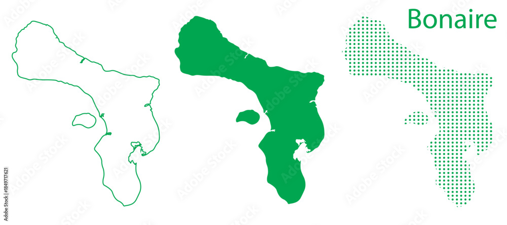 Obraz premium Bonaire Map Vector Set, Caribbean Outline Silhouette Dotted Green Shapes, Bonaire Island Infographic Template, Editable EPS Bonaire Geography