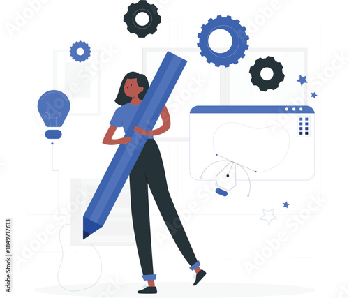 Woman holding large blue pencil surrounded by gears and computer d