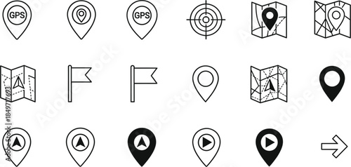 Navigation Icons Collection. GPS Markers, Maps, Compasses, Flags, Location Pins, Arrows, Play Buttons, Travel Symbols, Directional Guides, Black-and-White Vector Set