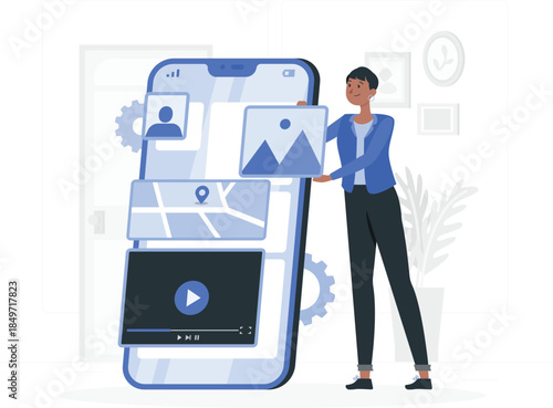 Woman holding next to large smartphone with various app map gears blue and white color scheme