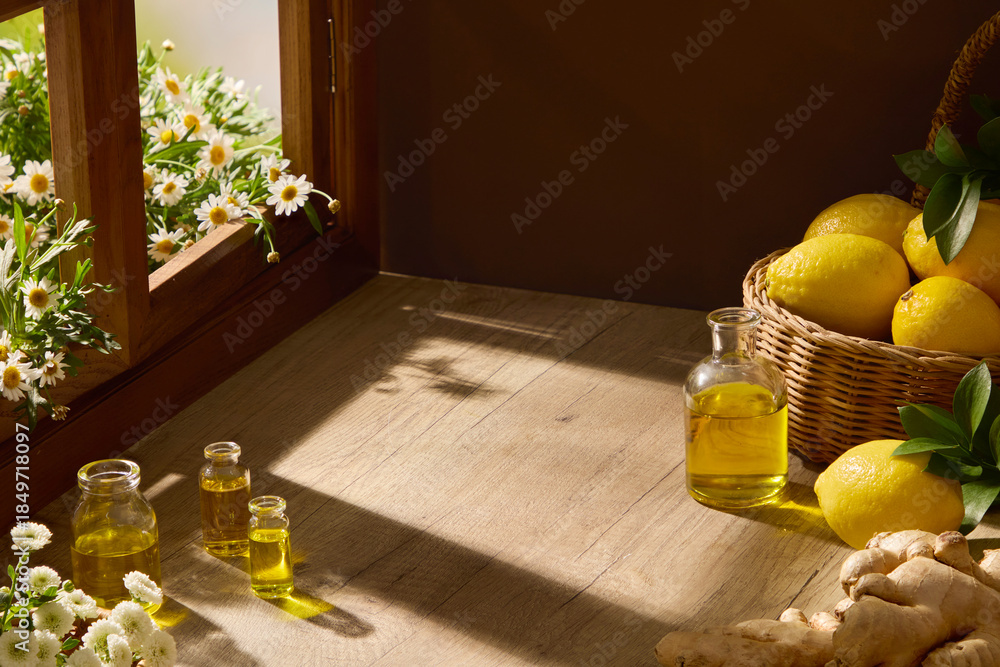 Obraz premium Rustic setup with wooden table, basket of lemon, ginger, herbal oil bottles, and fresh daisy near a window. Empty space for product placement traditional herbal photography style.