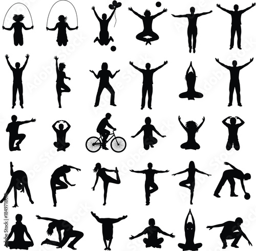 Silhouettes of people doing physical activities, diverse exercise poses and movements, fitness and motion illustration, human form study, flat vector