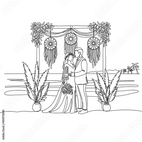 Beach wedding with boho decor romantic couple, bride and groom kissing at altar, seaside ceremony line art, wedding illustration, ocean vows, love, romance, celebration