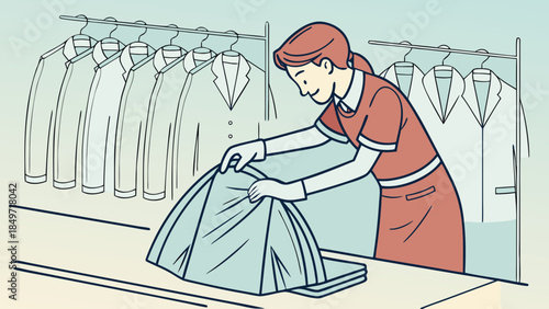 A female laundry worker folding freshly cleaned clothes at a counter in a laundry shop