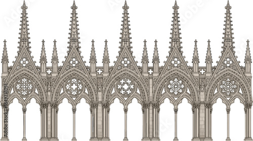 Gothic cathedral facade, pointed arches, rose windows, spires, tracery, architectural drawing, medieval design, ornate stonework, symmetrical elevation, vector art