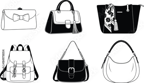 Handbag and purse silhouettes, fashion accessories, clutch, tote, shoulder bag, hobo, backpack, stylish icons, vector set, black design