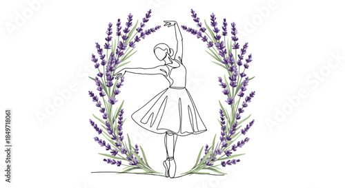 Border with watercolor lavender flowers graceful ballerina line art dancing girl in wreath, delicate floral frame, romantic ballet dancer outline, feminine elegance and tenderness illustration