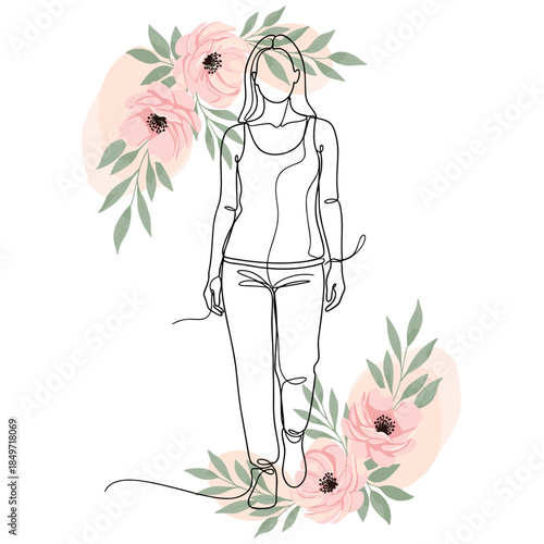 Border with blush pink watercolor flowers stylish girl, floral frame with casual woman, feminine line art illustration, soft pastel blooms, fashion sketch, elegance, beauty, spring mood