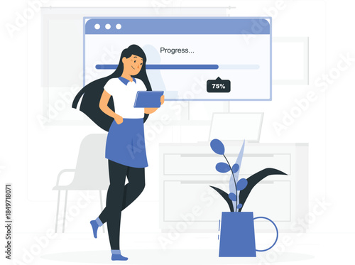 Woman holding tablet standing next to plant with progress bar on screen