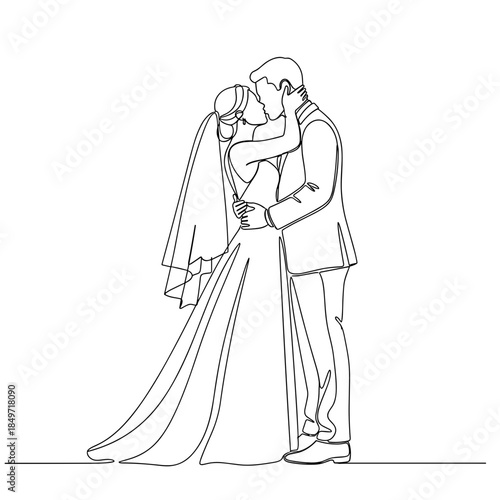 Bride and groom kissing at the altar continuous line art romantic wedding couple minimal outline, elegant bridal dress and suit, tender newlyweds embrace, love and marriage concept illustration
