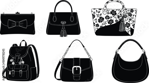 Handbag and backpack silhouettes, fashion accessories, clutch, tote, shoulder bag, hobo, purse icons, stylish vector set, black design