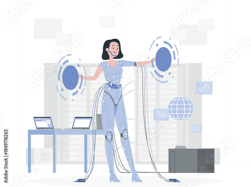 Woman in blue bodysuit with electrodes connected to machine laptop