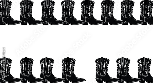 Cowboy boot silhouettes, western footwear icons, decorative boot pattern, left and right facing boots, black vector set, rodeo style