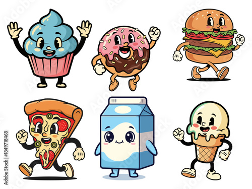 A collection of six retro cartoon food and drink characters, including a cupcake, donut, hamburger, pizza, milk carton, and ice cream cone, all with happy faces and walking poses.
