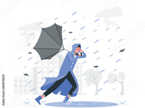 Woman in blue raincoat struggling with umbrella in windy rain city scene