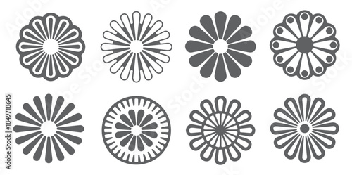 nine gray and white circular floral silhouette designs set