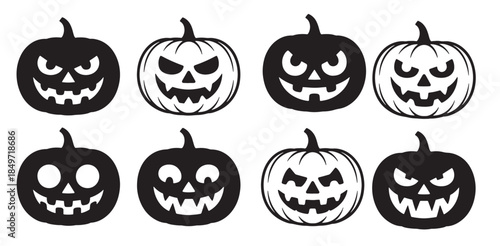 nine spooky jack o lantern faces in black and white