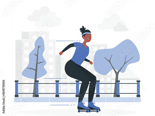 Woman in blue shirt and black pants rollerblading on sidewalk with city buildings and trees in