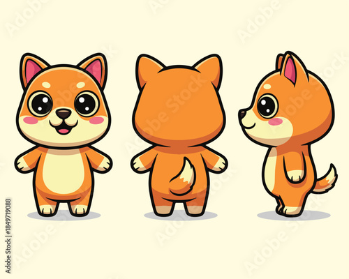 Cute Shiba Inu Dog Character Front Back Side View.