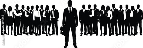 Business team silhouette with leader in front, corporate professionals standing together, teamwork concept, leadership success illustration, flat vector