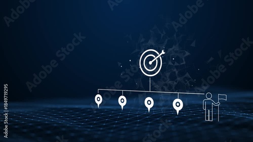 pointing at target icon on virtual roadmap interface. Concept of business planning, goal setting, strategic roadmap, project milestones, and success path in digital transformation.