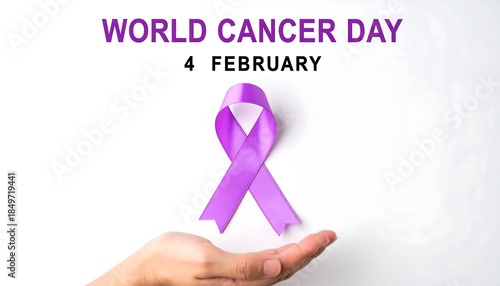 World Cancer Day Awareness with Purple Ribbon on Hand on White Background - February 4th