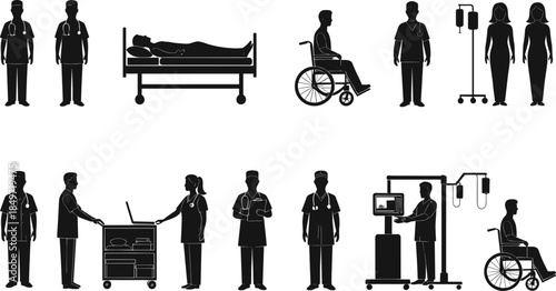 Hospital staff silhouettes, medical professionals, patient care scenes, healthcare teamwork, nurse and doctor roles, wheelchair, IV drip, medical equipment, diagnostics, hospital bed