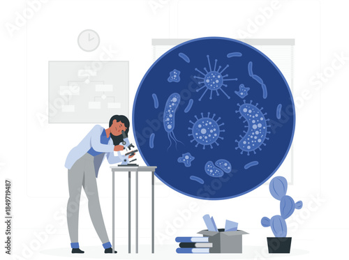 Woman in lab coat looking through microscope with giant blue virus cell behind her de
