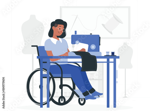 Woman in wheelchair sewing with blue machine sewing machine