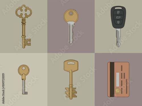 Collection of six different keys and a small book.