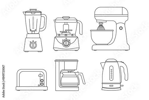 Outline kitchen appliance icons including blender, mixer, oven, microwave, cookware and utensils. Clean line style for UI, apps, web, and infographic design.