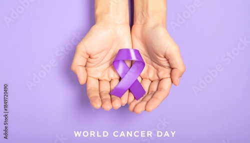 World Cancer Day Hands Gently Holding a Purple Ribbon Symbolizing Hope and Awareness Against Cancer