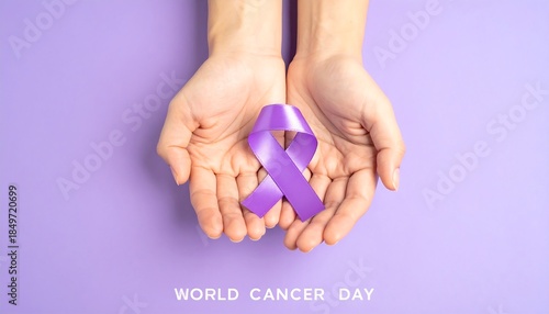 A person's hands holding a purple ribbon, symbolizing World Cancer Day, against a soft purple background
