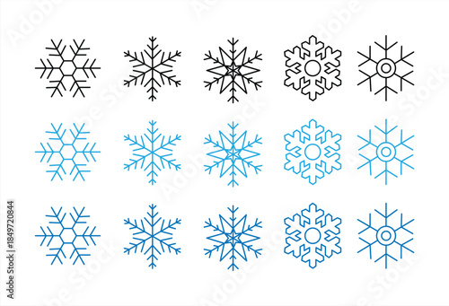Set blue snowflake icons collection isolated on white background.
