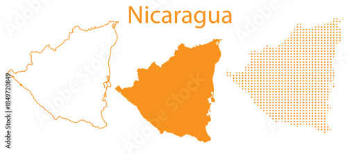Nicaragua Map Vector Set, Central America Outline Silhouette Dotted Orange Shapes, Nicaragua Country Infographic Template, Editable EPS Nicaragua Geography