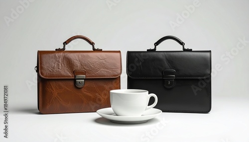 Two leather briefcases with white coffee cup on beige surface, contrast of work and relaxation.