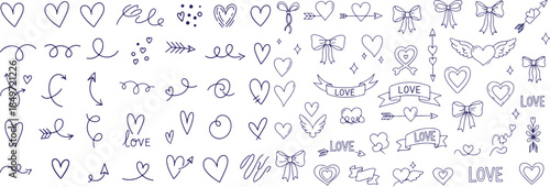 A blue doodle pattern of various hearts and love symbols on a with creative hand drawn illustrations
