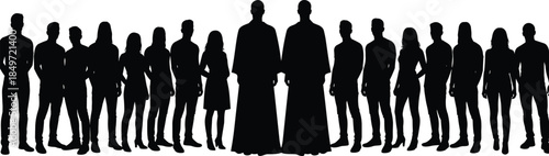 Large group of people silhouettes standing together, diverse men and women crowd community concept isolated on white background illustration