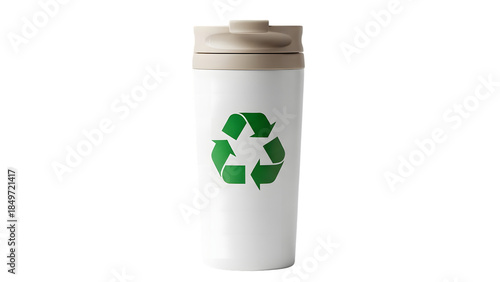 White reusable water bottle with recycling symbol isolated on transparent background