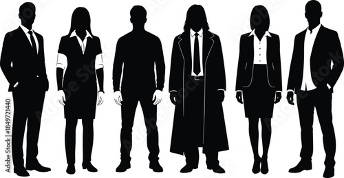Business team silhouettes standing together, professional men and women corporate workforce diversity leadership concept isolated on white background, vector illustration