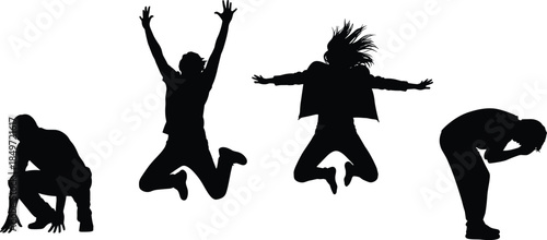 Dynamic human silhouettes, jumping, crouching, expressive poses, emotional movement, black vector design, action icons, dramatic posture, physical gesture illustration