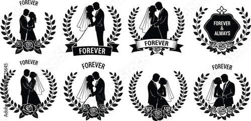 Wedding couple silhouettes, laurel wreath, roses, romantic poses, forever text, embrace, kiss, love icons, black vector design elements