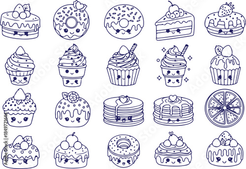 Collection of various sweet treats and desserts in a blue line drawing style