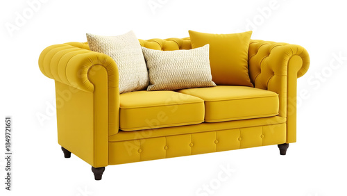 Yellow velvet sofa with pillows isolated on transparent background