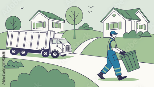 A garbage collector walking with a trash bin along a street past residential houses in a green environment