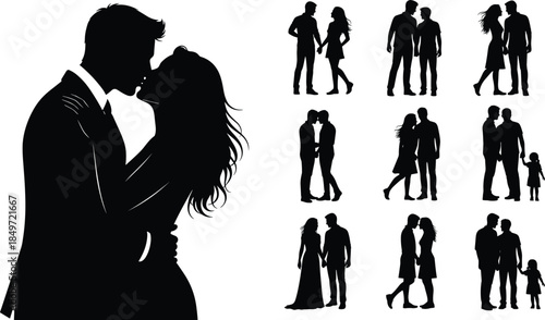 Romantic couple silhouettes, kissing, hugging, holding hands, love poses, family moment, emotional connection, black vector icons, relationship design