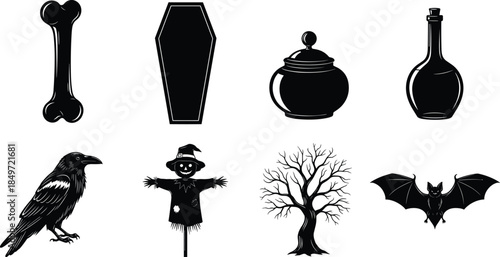 Halloween silhouettes, bone, coffin, potion bottle, raven, scarecrow, bat, leafless tree, spooky icons, black vector elements, eerie design